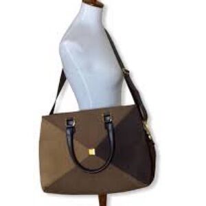 DIANE VON FURSTENBERG Two-Way Weekender Duffle Travel Bag Brown Suede Tri-Tone